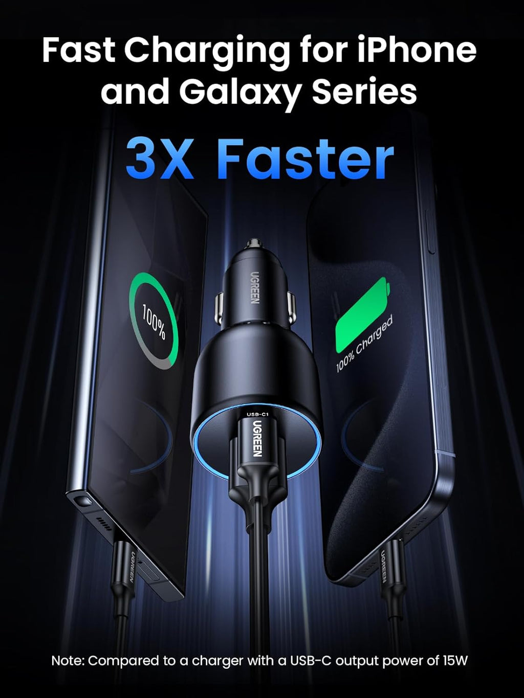 130W Laptop USB C Car Charger Fast Charging, 3 Ports Cigarette Lighter Adapter, PD3.0/QC4.0/PPS 45W, LED Light, Compatible with Macbook, Ipad, Iphone 17, Galaxy S25 S24, with a 100W USB C Cable