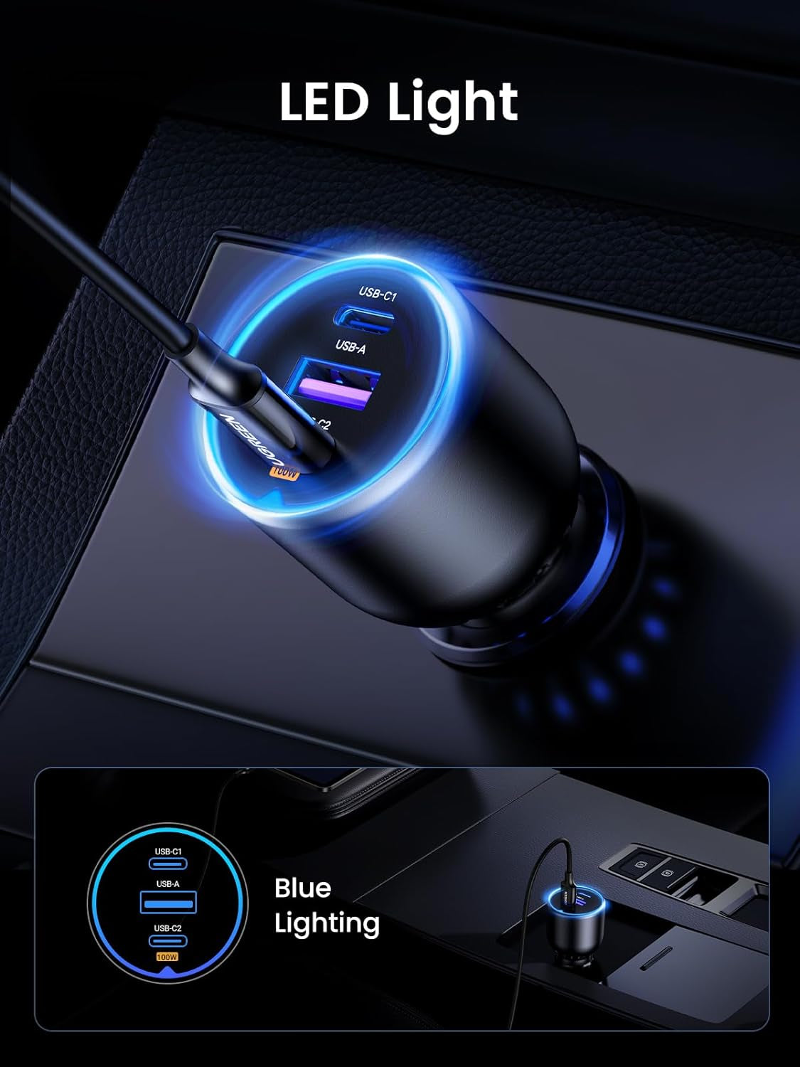 130W Laptop USB C Car Charger Fast Charging, 3 Ports Cigarette Lighter Adapter, PD3.0/QC4.0/PPS 45W, LED Light, Compatible with Macbook, Ipad, Iphone 17, Galaxy S25 S24, with a 100W USB C Cable