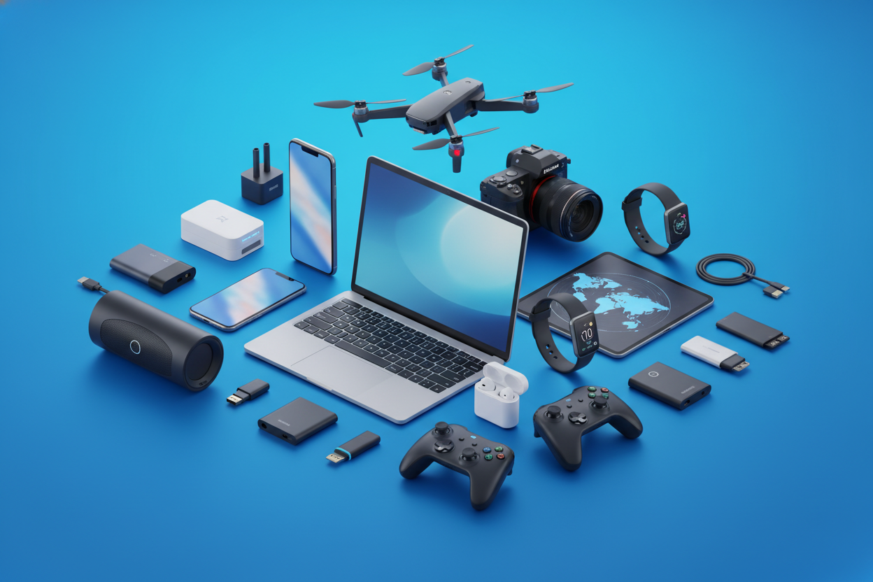 generate an image with a bunch of tech products gagets and stuff and make the background blue
